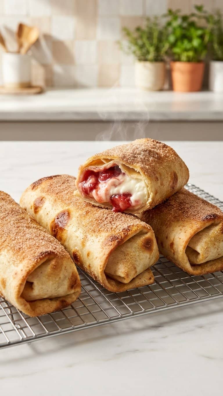 Golden brown air fryer chimichangas filled with strawberry cheesecake on a rack.