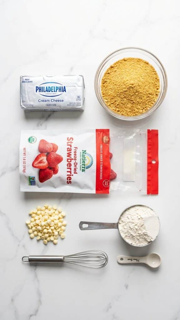 Flat lay of ingredients for cheesecake cookies including freeze-dried strawberries.