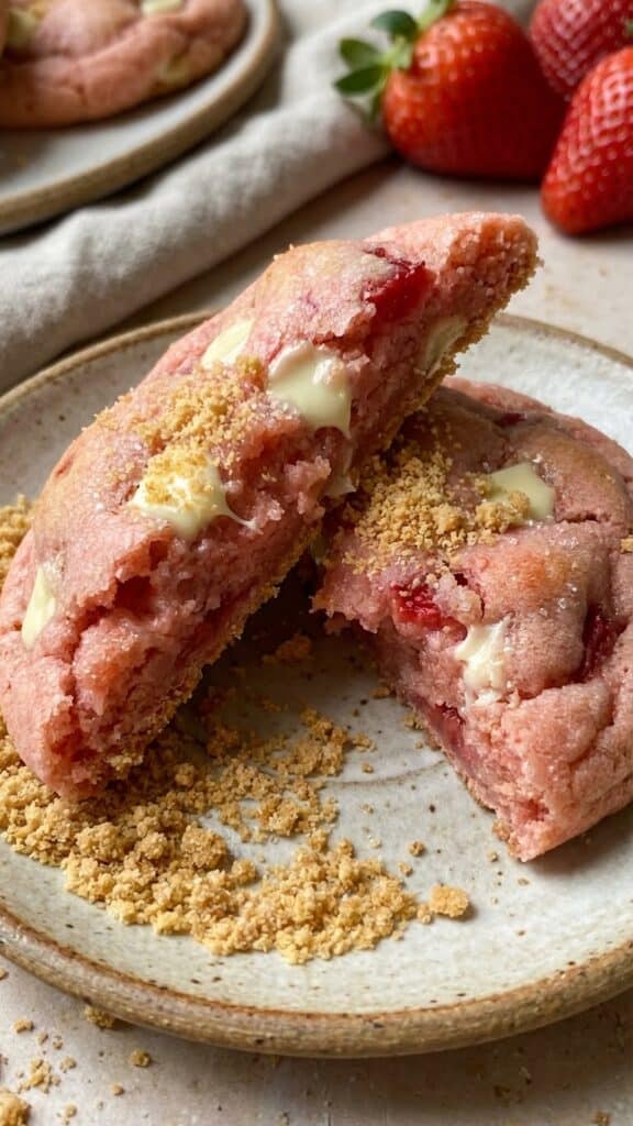 Close-up of a broken strawberry cheesecake cookie showing the soft interior.