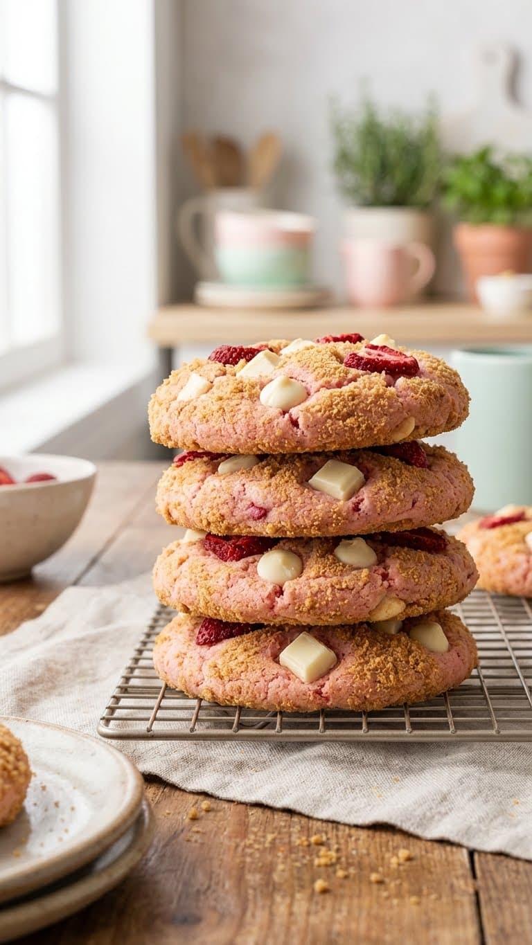 Stack of soft pink strawberry cookies rolled in graham cracker crumbs.