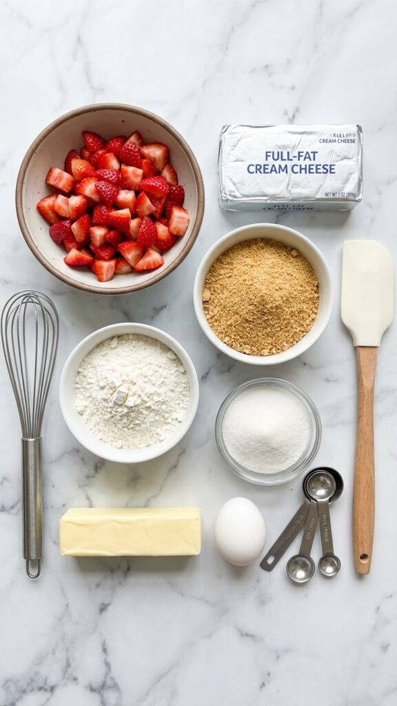Overhead flat lay of ingredients for Strawberry Cheesecake Cookies: fresh strawberries, cream cheese block, graham cracker crumbs, flour, sugar, and butter.