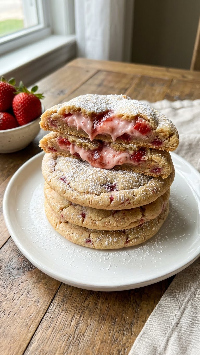 A stack of thick Strawberry Cheesecake Cookies covered in powdered sugar, with one broken open to show a creamy strawberry filling and graham cracker crumbs.