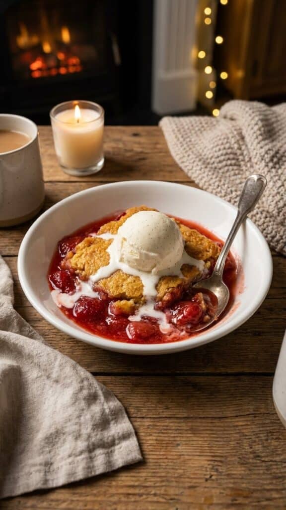 A bowl of warm strawberry cheesecake cake served with a scoop of melting vanilla ice cream.