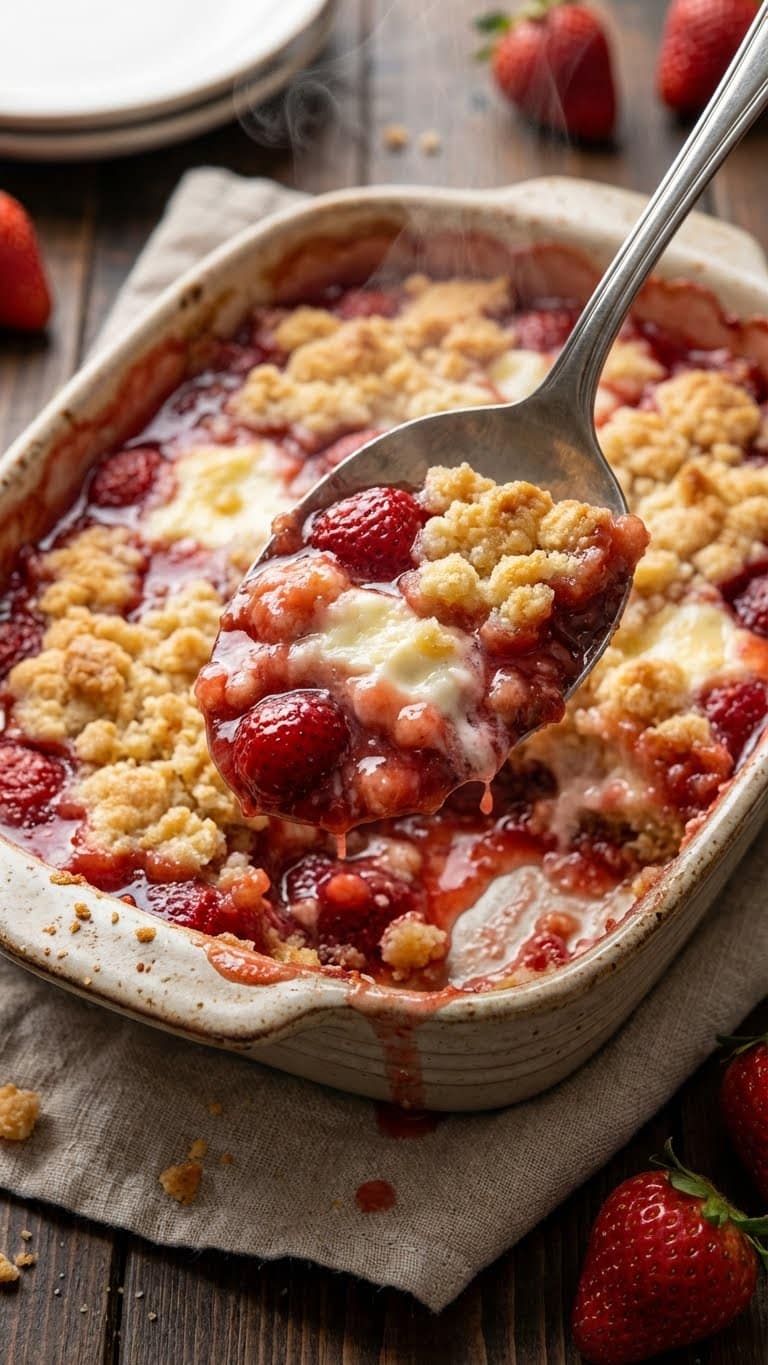 A scoop of strawberry dump cake showing layers of pie filling, cheesecake, and golden crust.