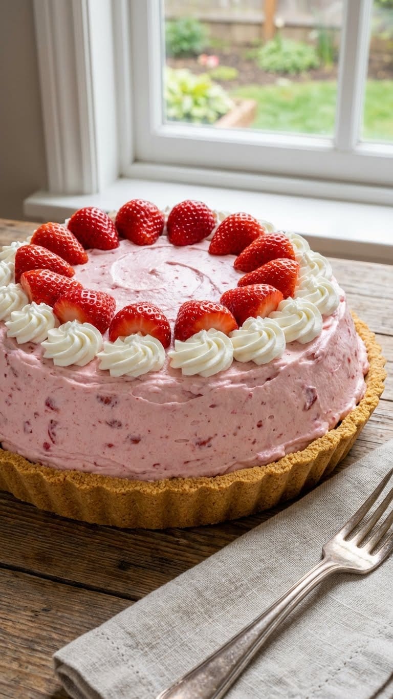 A whole no-bake strawberry cool whip pie with fresh berries and graham cracker crust.