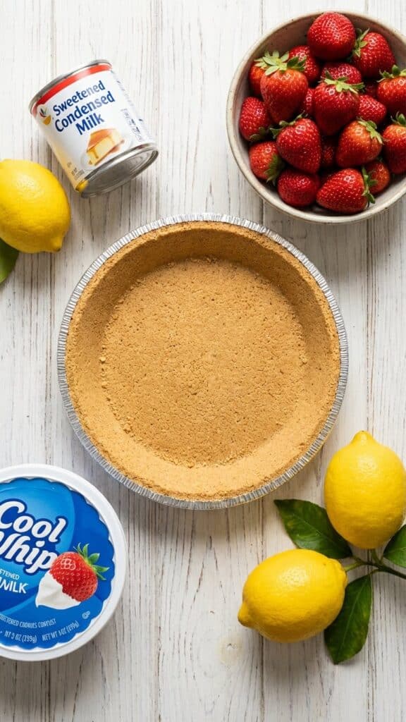 Ingredients for strawberry pie including graham crust, condensed milk, cool whip, strawberries, and lemon.