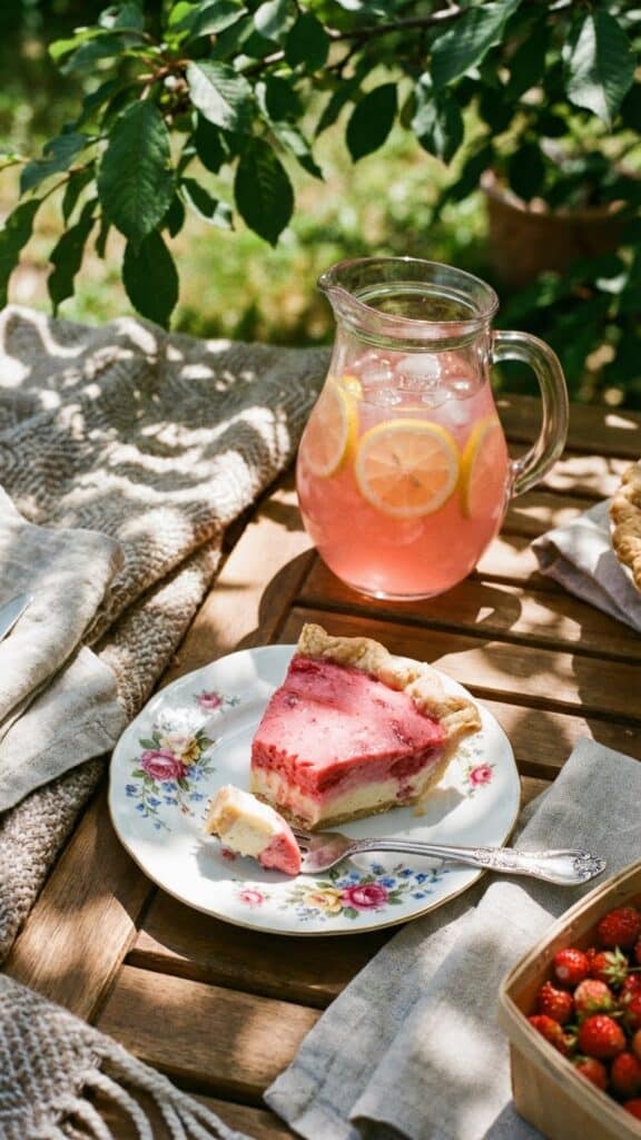 A slice of creamy strawberry pie served on a patio table with lemonade in the background.