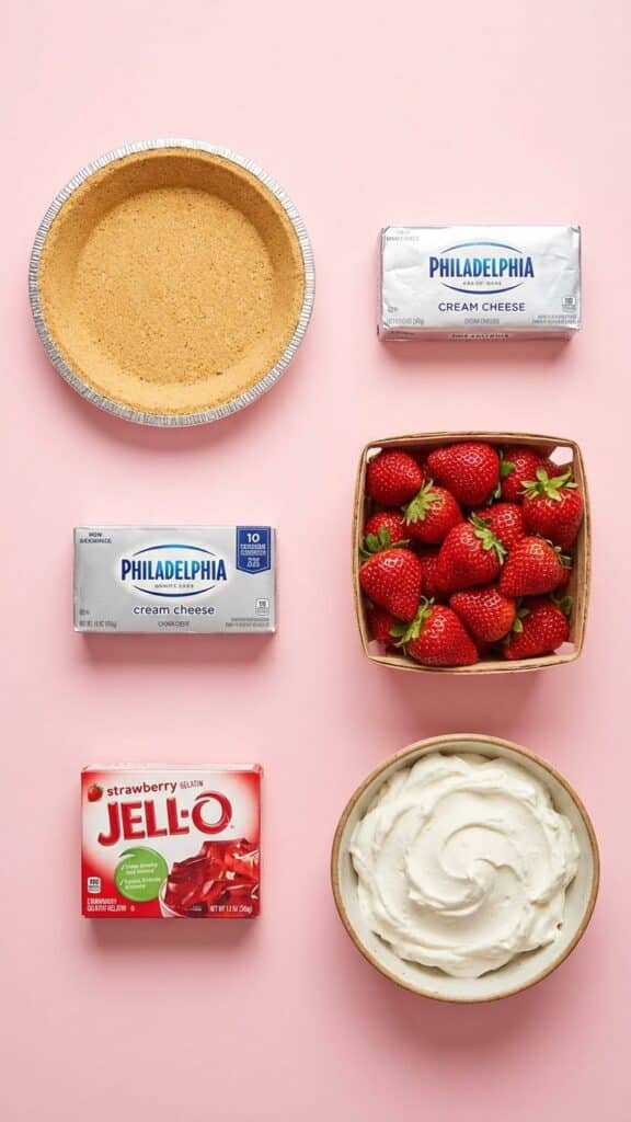 Flat lay of ingredients for strawberry cream cheese pie including fresh berries and gelatin.