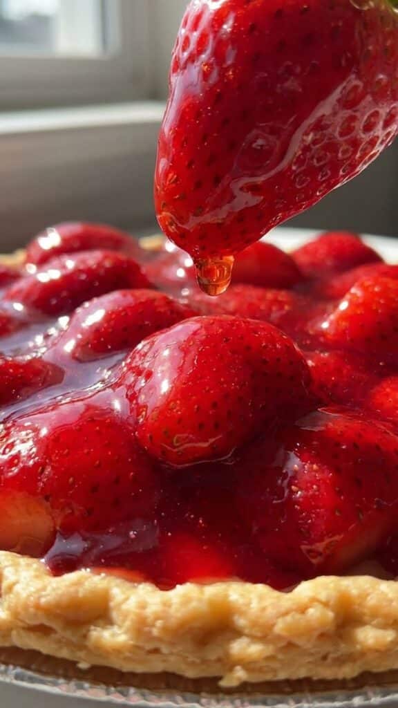 Close-up of glazed strawberries on top of a cream cheese pie