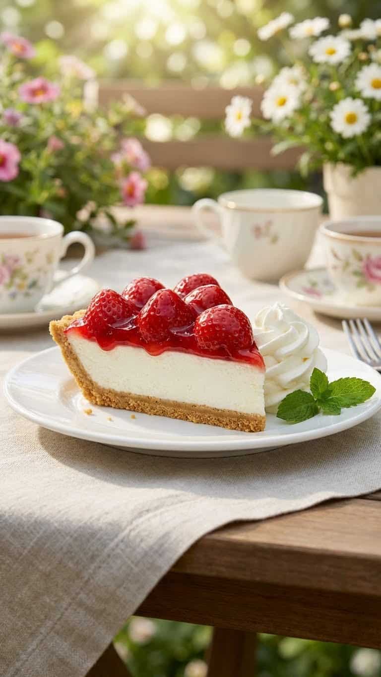 Slice of strawberry pie with a cream cheese bottom layer and graham crust.