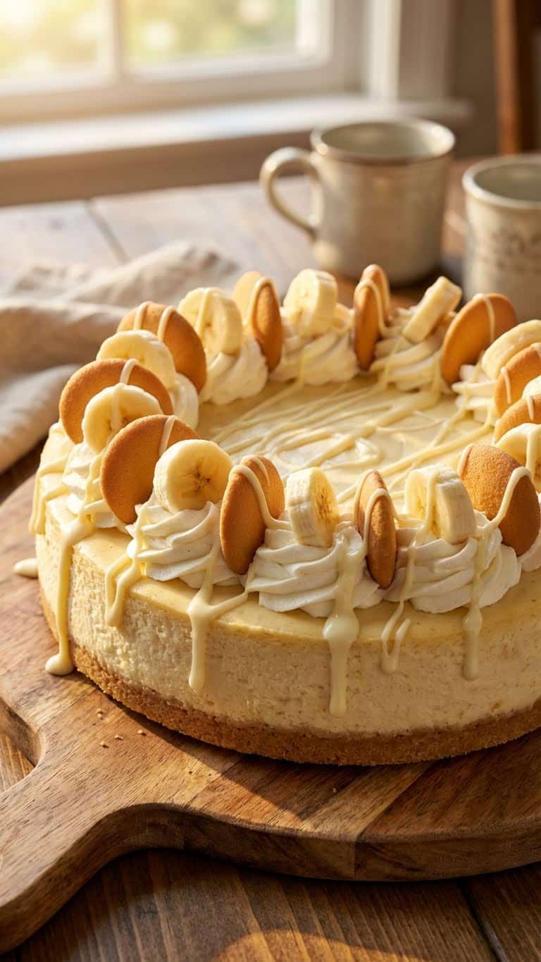 Whole Banana Pudding Cheesecake topped with Nilla Wafers, fresh banana slices, and whipped cream on a wooden board.