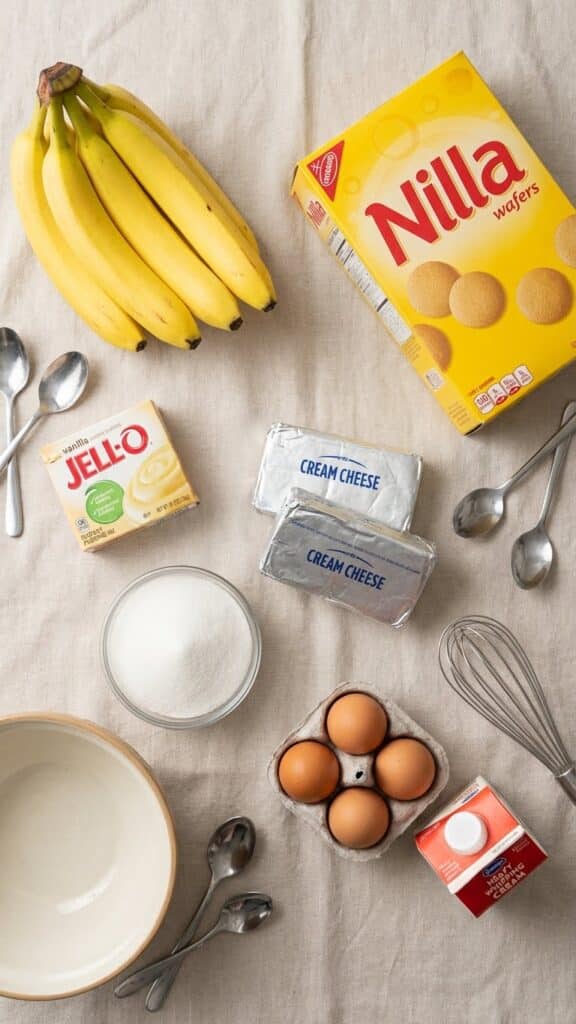 Overhead view of ingredients for Banana Pudding Cheesecake including yellow bananas, Nilla Wafers, and cream cheese.