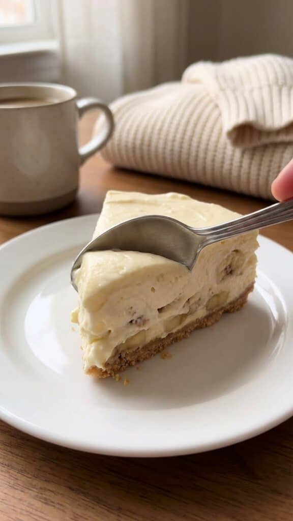 Close-up of a spoon scooping a bite of Banana Pudding Cheesecake showing banana chunks inside the filling
