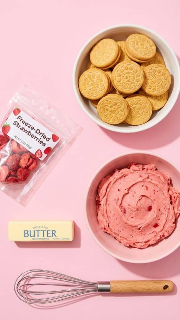 Flat lay of ingredients for strawberry crunch cookies including Golden Oreos and freeze-dried strawberries.