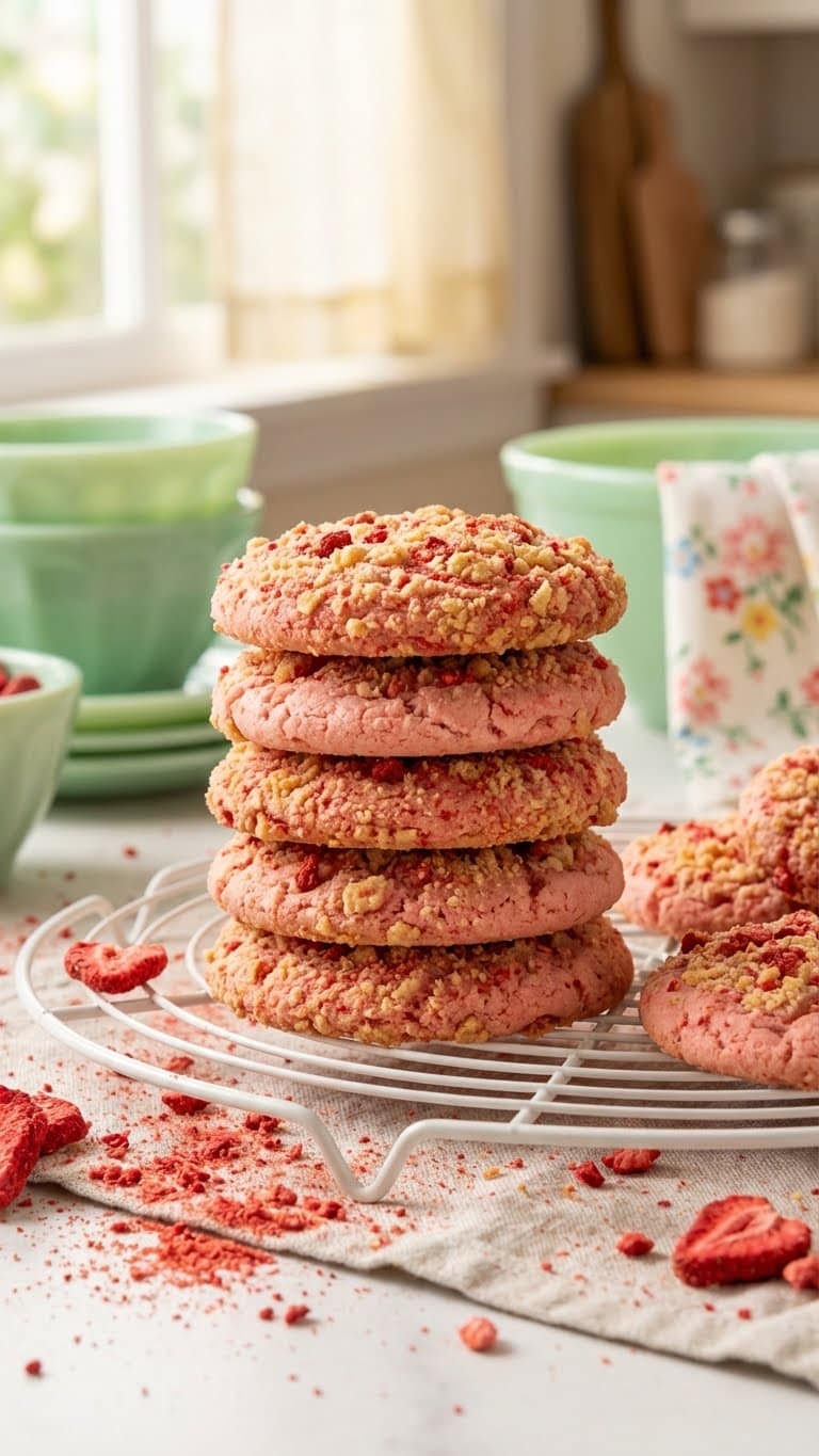 A stack of pink strawberry crunch cookies topped with golden Oreo and strawberry crumbles.