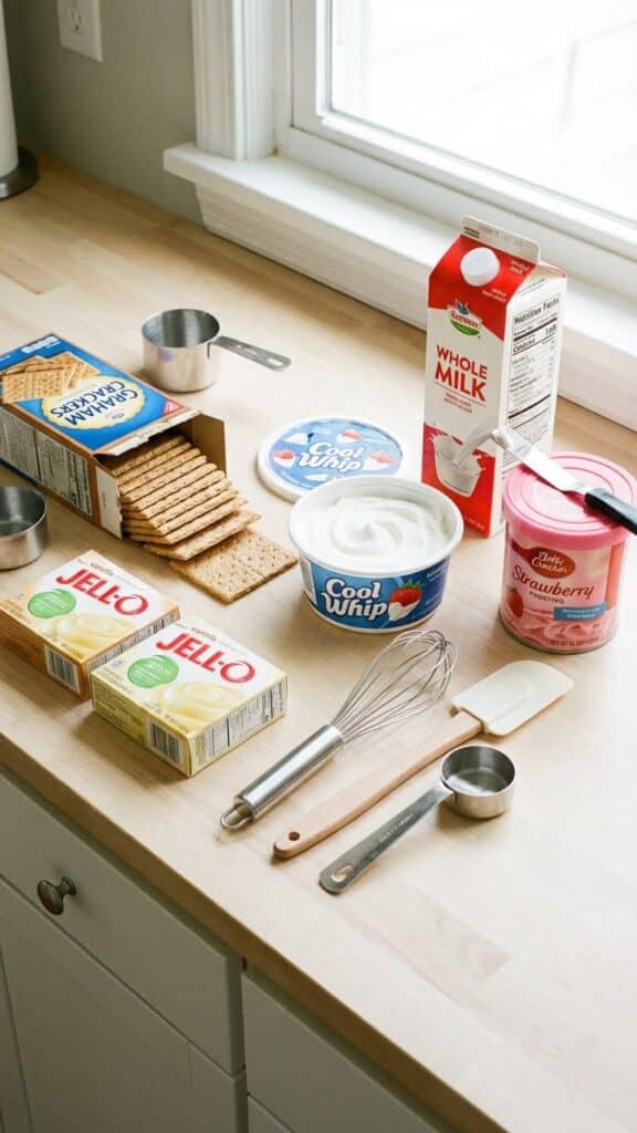 Flat lay of ingredients for eclair cake including graham crackers and pudding mix.