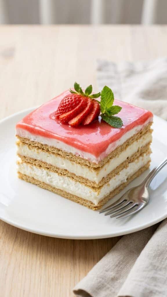 A spatula lifting a serving of soft strawberry eclair cake from a pan.