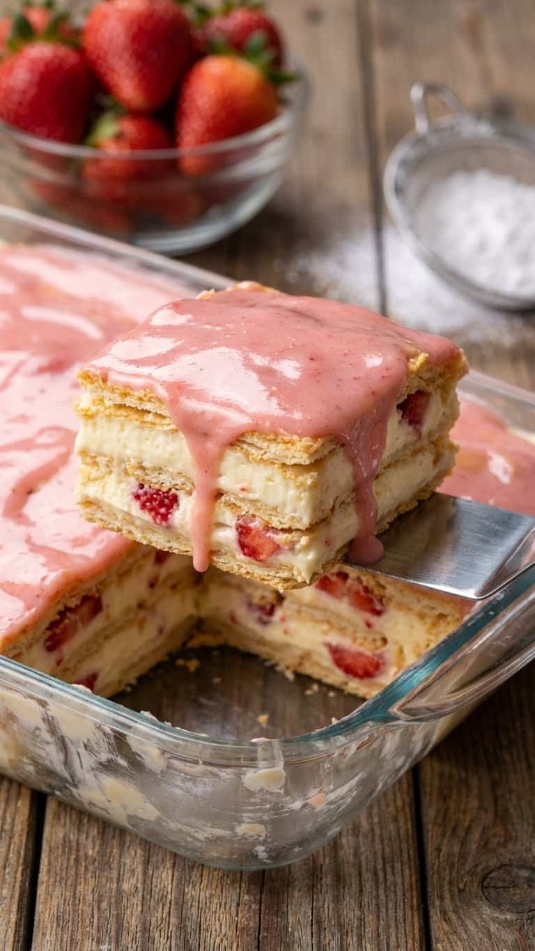 A slice of layered strawberry eclair icebox cake with pink glaze.