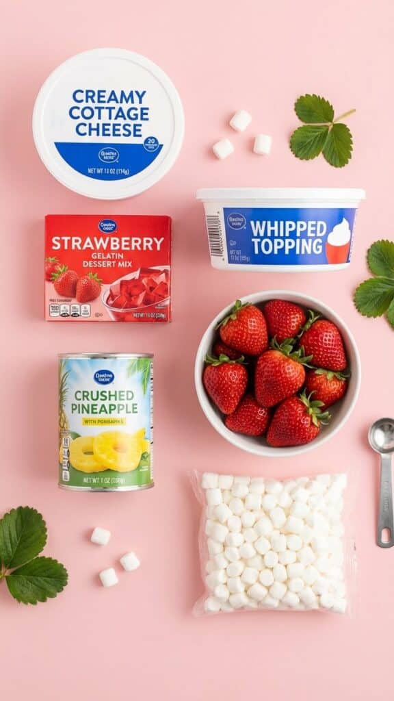 Flat lay of ingredients for strawberry fluff including cottage cheese and Jell-O.