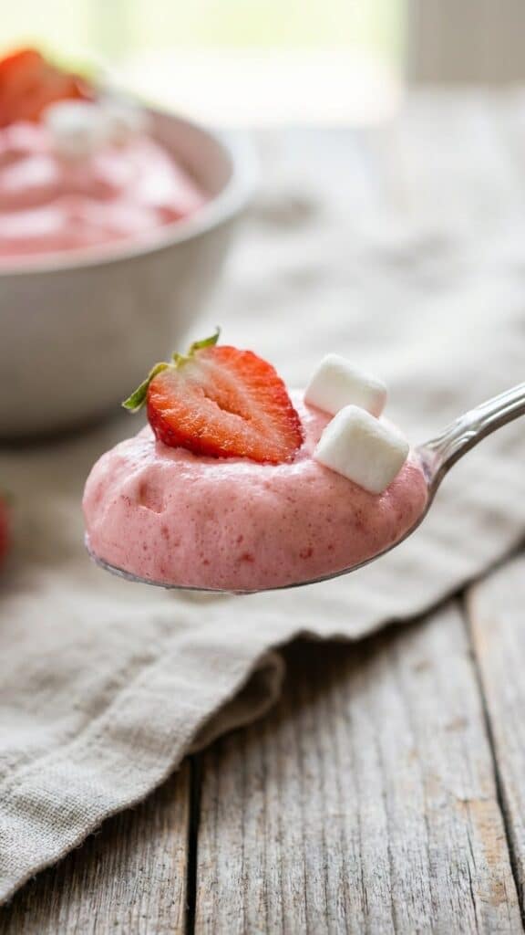 Close-up of a spoonful of creamy strawberry fluff.