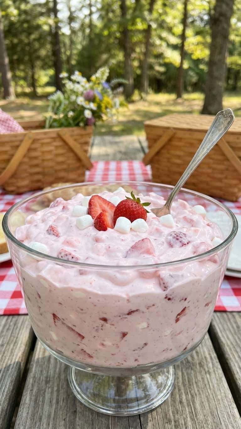A glass bowl of pink strawberry fluff salad with fresh berries.