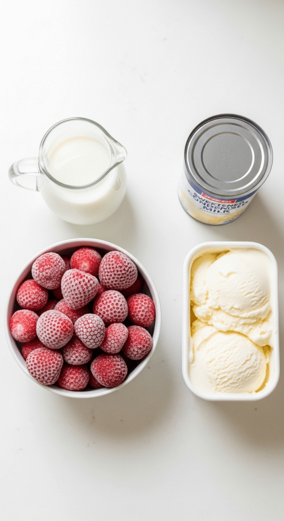 Flat lay of ingredients for a strawberry frosty including frozen berries and condensed milk.