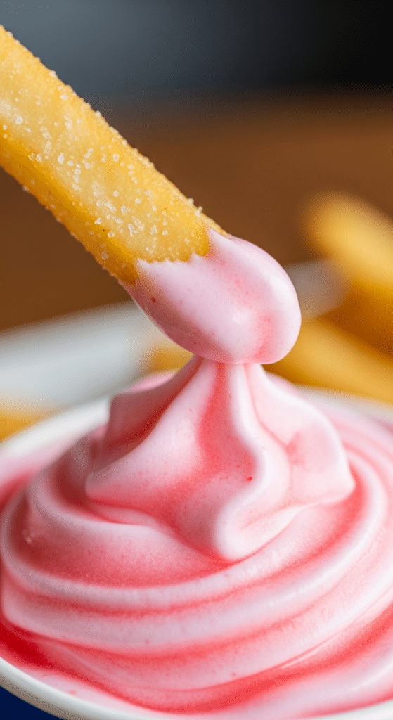 Close-up of a french fry being dipped into a thick strawberry frosty.