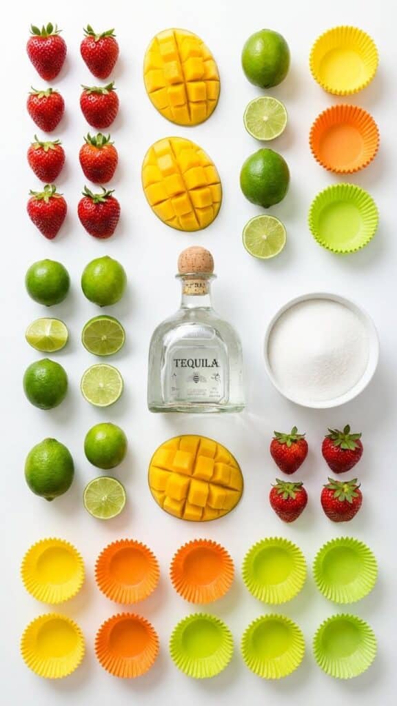 Flat lay of ingredients for margarita cupcakes including tequila, mango, and strawberries.