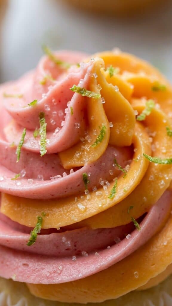 Close-up of pink and orange swirled frosting with sugar crystals.