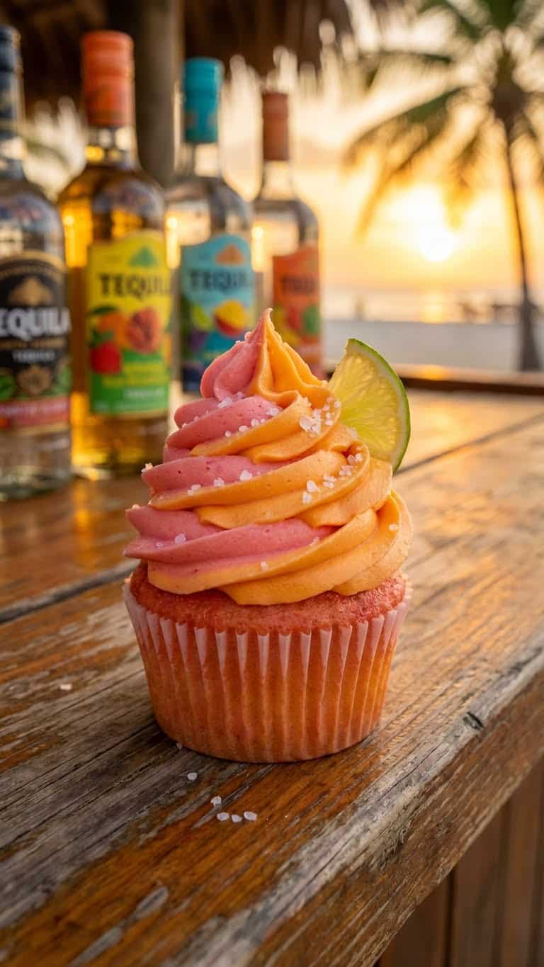 Strawberry Mango Margarita cupcake with pink and orange swirled frosting and a lime wedge.