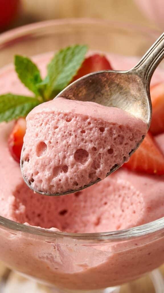 Close-up of a spoon showing the airy bubbles inside strawberry mousse.