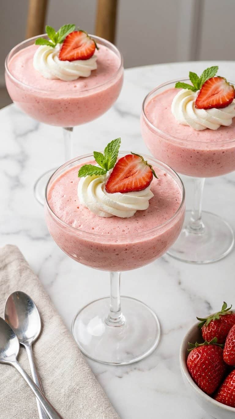 Elegant glass cups filled with creamy strawberry mousse and fresh fruit.