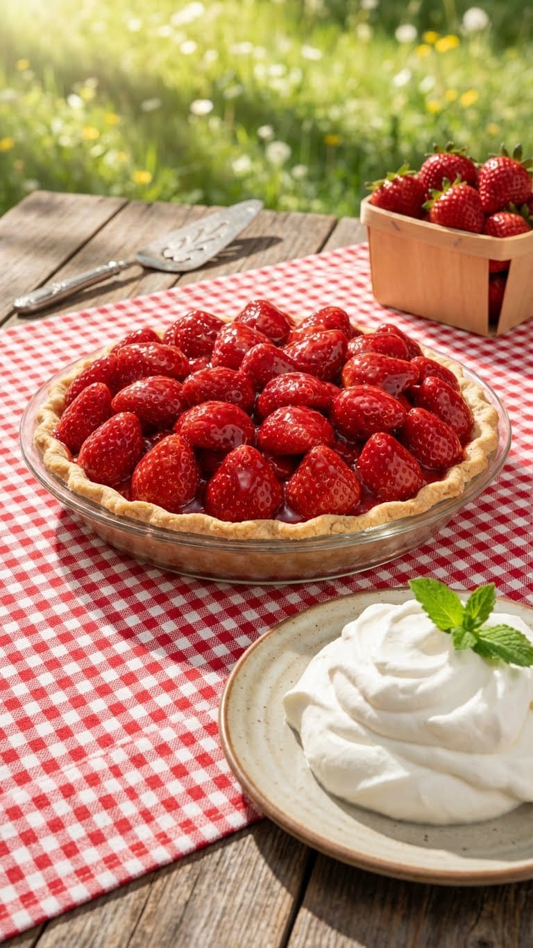 A whole fresh strawberry pie with glossy glaze and a golden crust.
