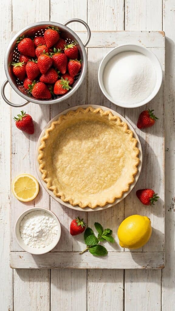 Flat lay of ingredients for strawberry pie including fresh berries, sugar, and a baked crust.