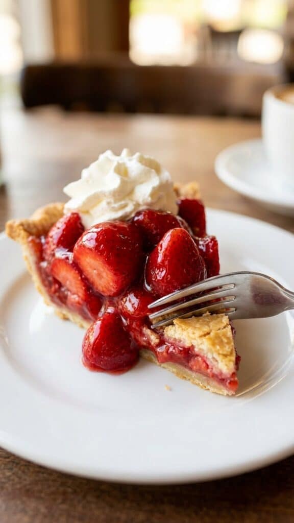 Close-up of a slice of fresh strawberry pie with whipped cream.