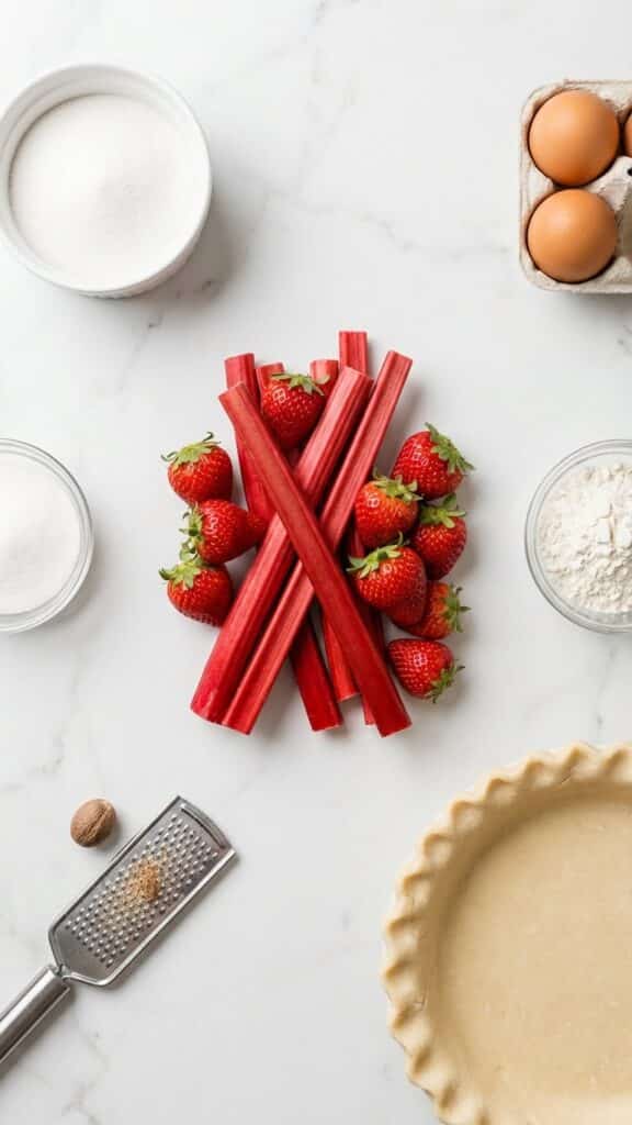 An artistic arrangement of the raw materials, highlighting the freshness of the produce and the custard components.