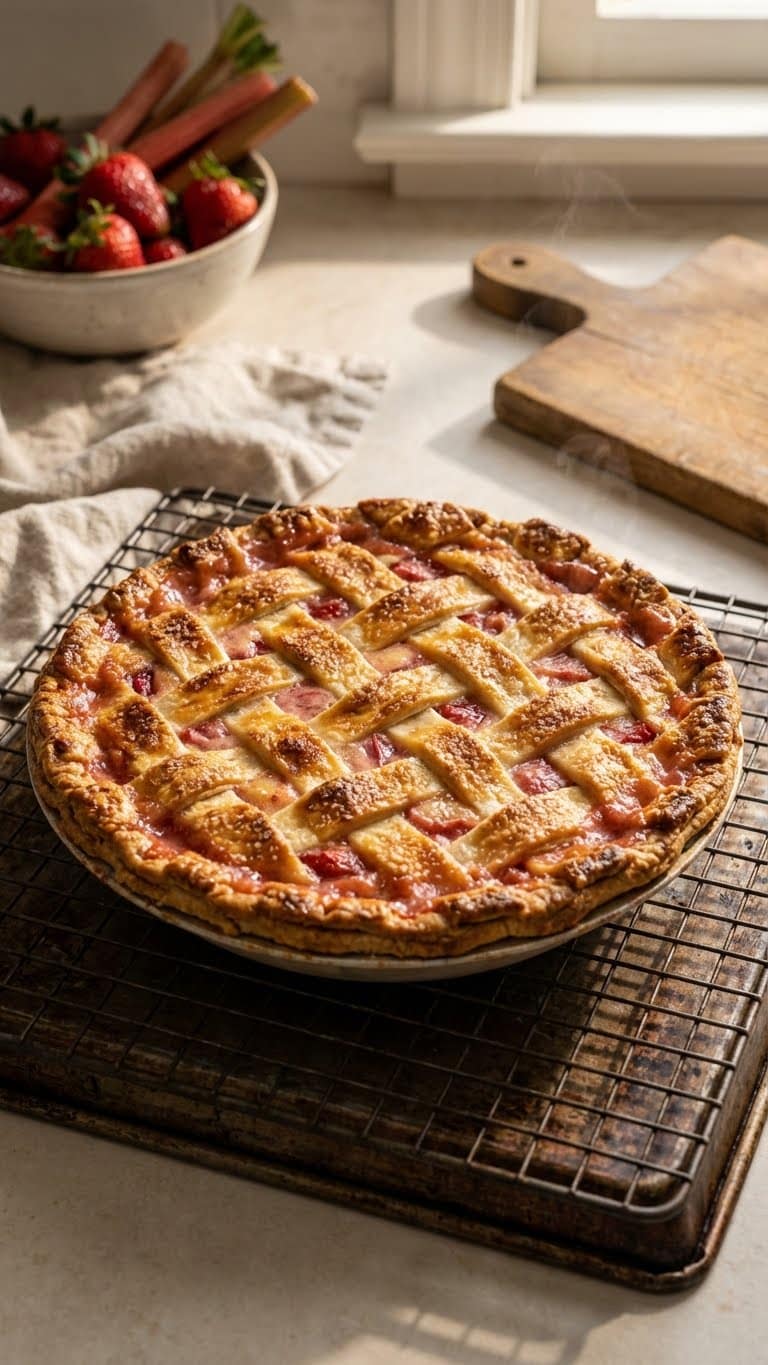 A stunning view of the finished pie showing off the texture of the lattice and the creamy fruit filling.
