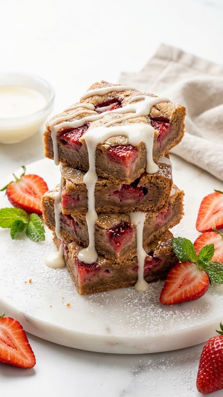 A stack of glazed white chocolate strawberry brownies on a marble surface.