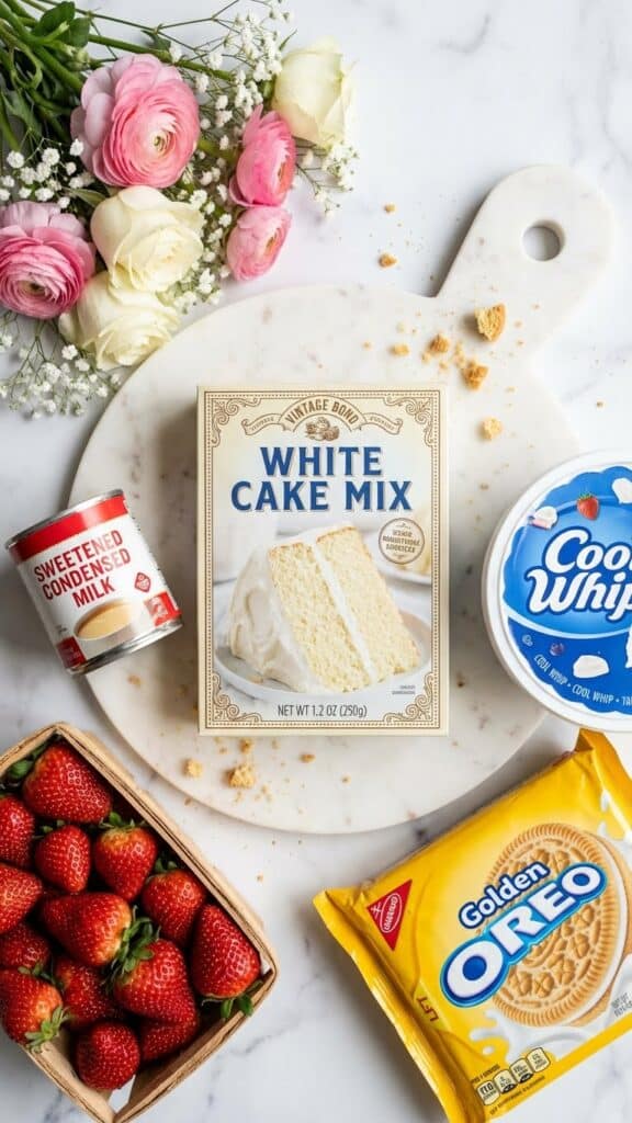Ingredients for strawberry shortcake poke cake including cake mix, condensed milk, and golden oreos.