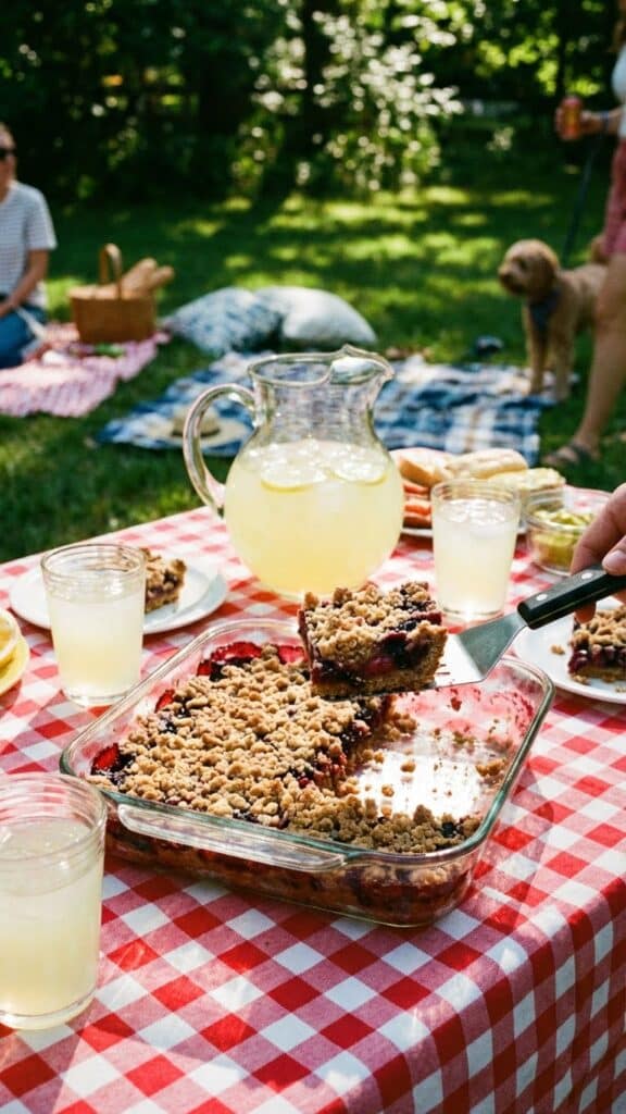 A pan of strawberry shortcake poke cake being served at a backyard picnic.