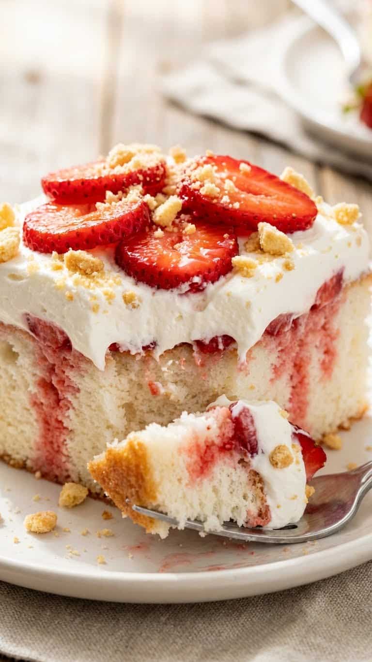 A slice of moist white poke cake topped with whipped cream, strawberries, and cookie crumble.