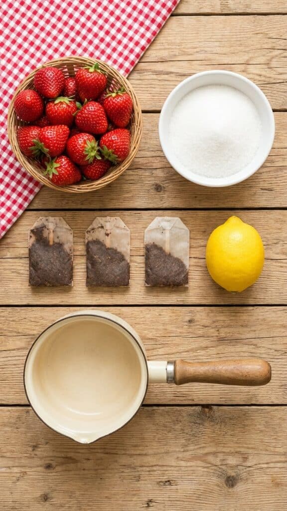 Flat lay of ingredients for strawberry tea including fresh berries and tea bags.