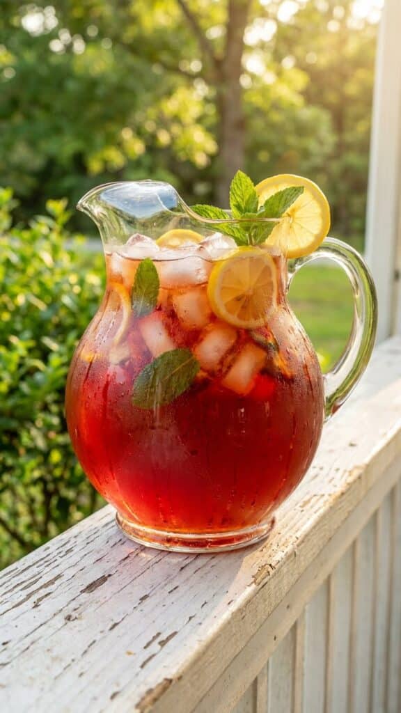 Close-up of a glass of strawberry sweet tea glowing in the sunlight.
