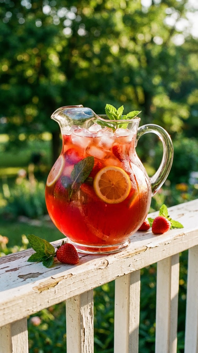 A pitcher of ice-cold strawberry sweet tea sitting on a sunny porch.