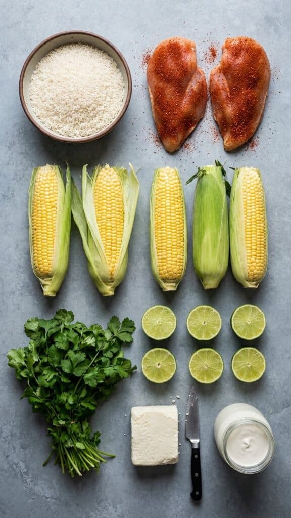 Flat lay of ingredients including spiced raw chicken, fresh corn, limes, cilantro, and cotija cheese.