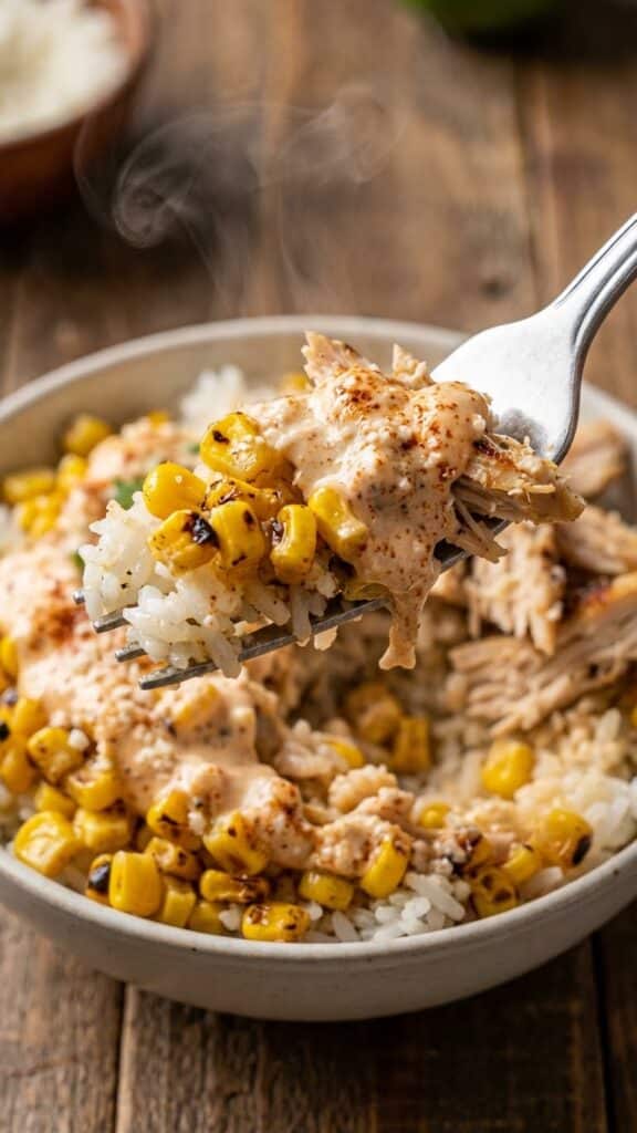 Close-up of a fork digging into a creamy street corn chicken bowl.