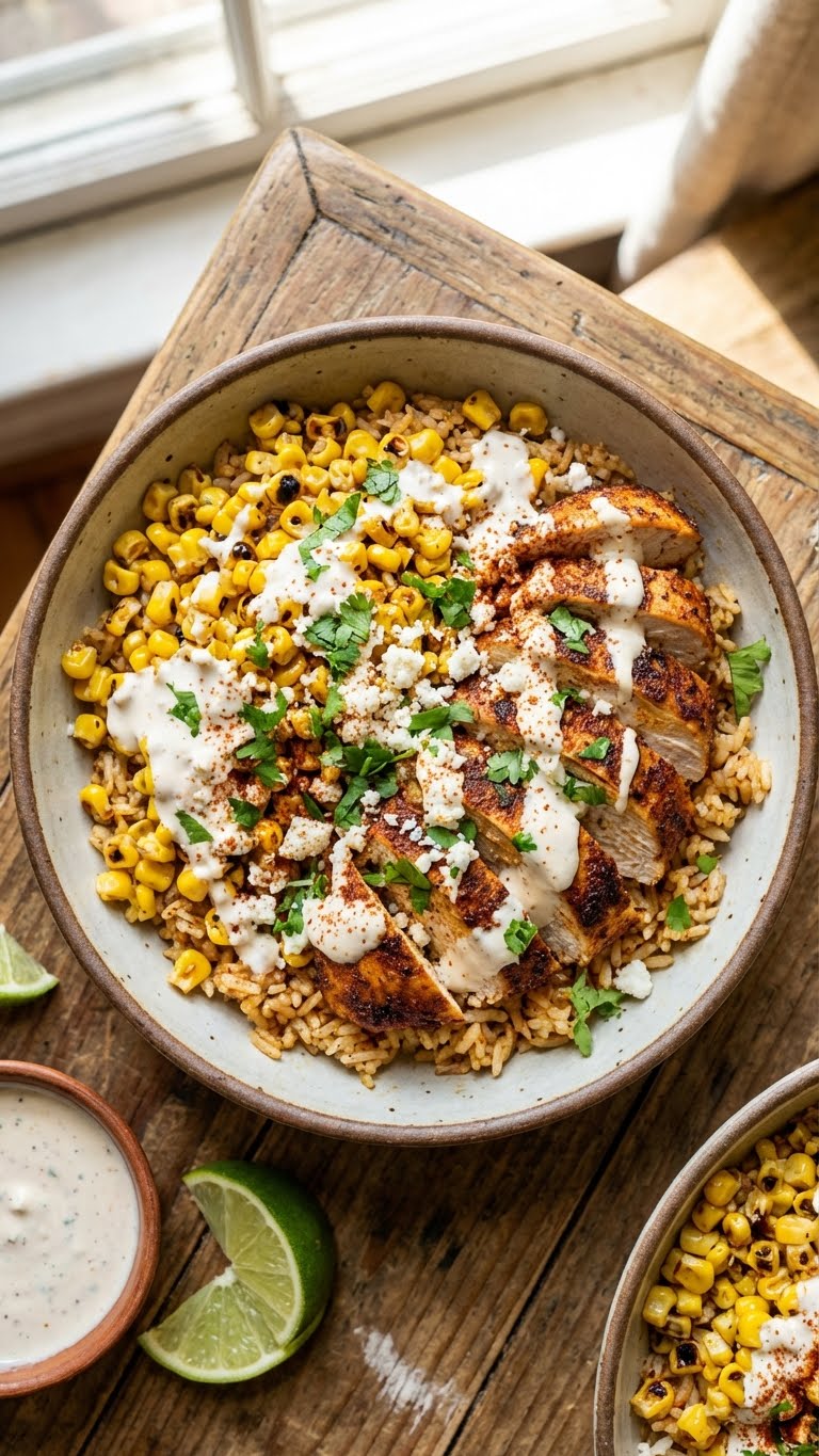 An overhead view of a loaded street corn chicken and rice bowl topped with creamy sauce, cheese, and cilantro.