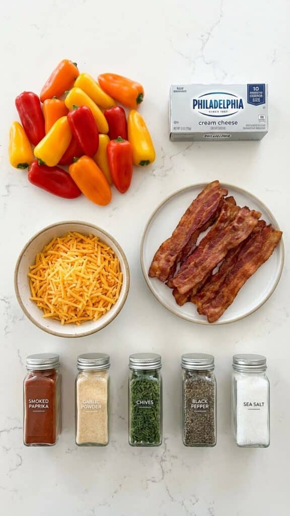 Flat lay of ingredients for stuffed peppers including mini peppers, cream cheese, and bacon.