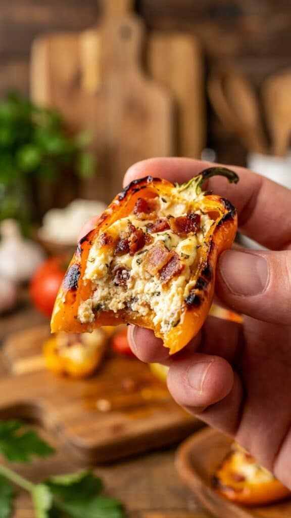 Close-up of a hand holding a bitten stuffed mini pepper showing the creamy filling.