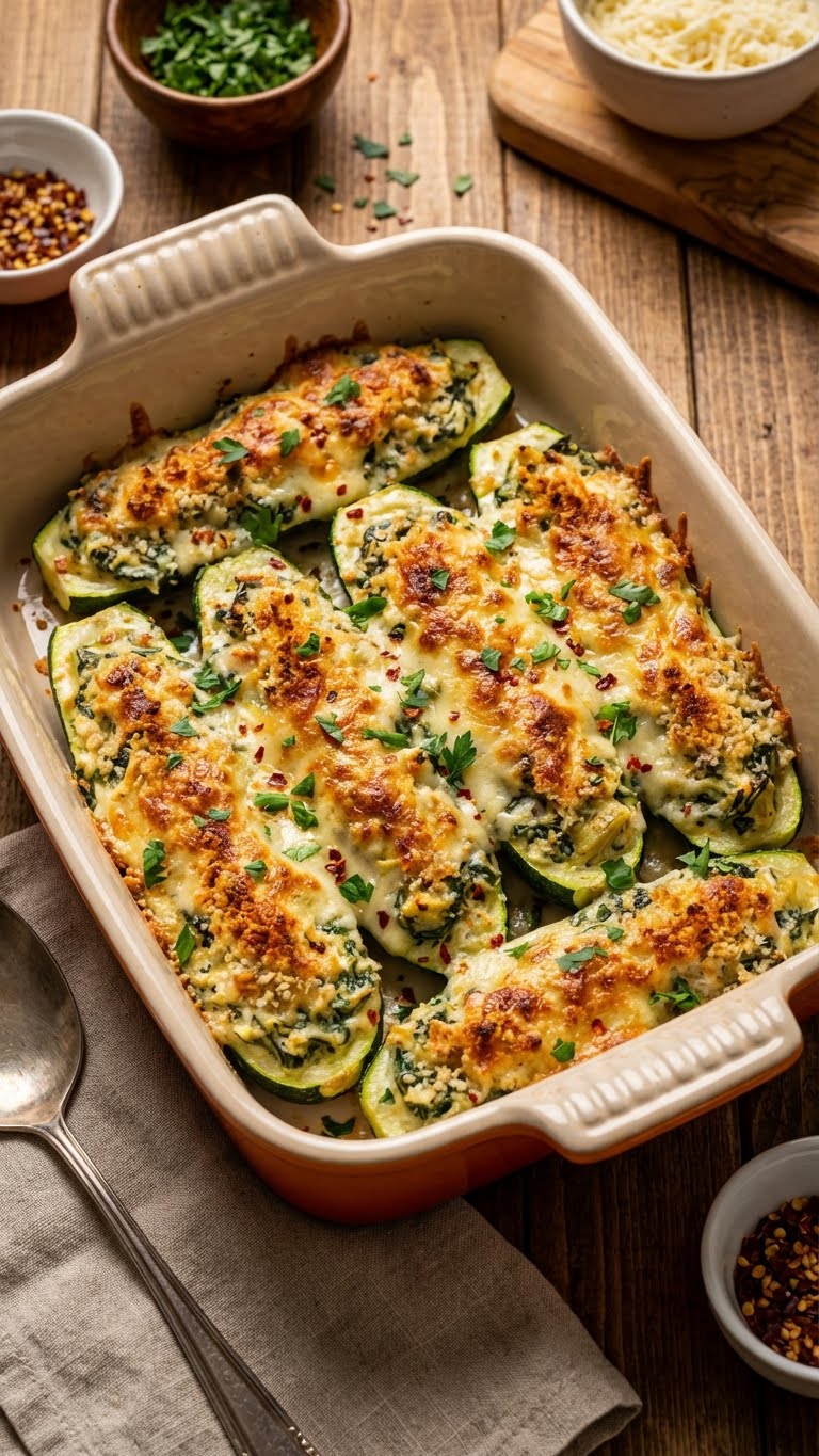 Roasted zucchini boats stuffed with creamy spinach artichoke dip and topped with browned cheese.